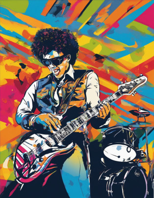 banda de Rock 4 personajes,  1 baterista delgado de cabello oscuro y risado, bateria electrica.  2 cantante delgado moreno, gafas de piloto con guitarra.  3 segudo guitarrista blanco, delgado, cabello negro y muy largo, apasioado con su guitarra electrica de color blanco y negro. 4 Bajista hombre, cabello corto risado, sobre peso, fornido, bajo electrico azul. Tocando en un escenario profesional con luces, niebla, pantallas y pirotecnia. super realista , iluminacion profesional,
