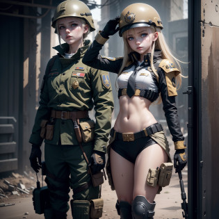Ukrainian girl saluting a soldier , Ukrainian anime girls , , Ukraine ,  Full body composition of young girl with messy bright blonde hair, eye make up, 13 year old,  Soft lighting, Solo, Old torn dirty shabby futuristic military uniform, badges, Pose, Blotch color, Octane Render, Hyperrealistic intricate detail, Cinematic, 8K resolution, 70mm, Accent Lighting, Global Illumination, Full body portrait, clean detailed faces, intricate clothing, Cute face, flat chest, Slim waist, Slim legs, small hips,Clothing of ordinary soldiers,Wearing a helmet,Wearing a tie,