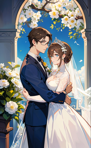 obra-prima, melhor qualidade, 2Outros, casal, 1homem com 1mulher, height difference, Feliz, amor, sorrir, romantico, casamento, noivo e noiva, smokin azul royal |, ela com vertido de noiva, paisagem cheia de flores, jardim, margaridas, headpe, There's a man with glasses, light brown hair and blue suit Royal and a beautiful woman with long light brown hair almost red in a wedding dress that hugs each other, Directed by: Nandor Soldier, Lovely couple, casal Feliz, casamento, Foto de perfil do headshot, retrato de casal, crescimento de um casal, imagem de perfil, imagem do avatar, imagem de qualidade muito alta, foto do perfil, retrato de casais, foto do perfil, retrato de alta qualidade, They are in love in a garden of white daisies