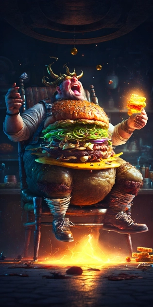 dwarf is sitting on giant cheeseburger, onion rings and lettuce are spinning around, melted cheese is dripping on the floor, 3 d render, heavenly atmosphere, blender, 4 k wallpaper, fallout 4, french nouveau, open ceiling, highly detailed, intricate details, emerging from the black hole, cinematic lighting, hyperrealistic, ultra detailed, 8 k, trending on artstation:: --ar 1:2 --v 4