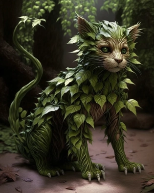 a hybrid between an animal and a plant. This creature is called a "Florent. It has a body composed of soft leaves and branches that cover a thin layer of skin on top of its body. The Florent has four long paws covered with green leaves that allow it to move quickly on the ground. At the ends of his paws are sharp claws that help him grasp his prey. Florent has a large head that resembles a flower. Inside his head are two large eyes that allow him to see in the dark thanks to his ability to glow. He also has a sharp nose, which helps him detect prey and identify his surroundings. The florent cannot move quickly over long distances, but it can use its leaves to float in the wind. He can also use his roots to root in the ground and absorb nutrients. 8k ultra realistic, --ar 4:5 --q 2