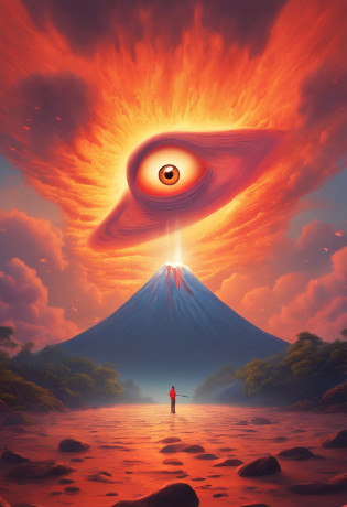 eye in the middle of a cloud of volcano smoke, Volcano erupting with eye on top, tons de azul, arte digital inspirada em Cyril Rolando, surrealismo, Portrait of a giant eye in the smoke of a volcano, mystic eye, nuvem de fumo com um olho, surrealismo
