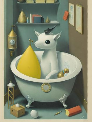 <lora:ShaunTan:1>a painting of a strange creature sitting in a bathtub surrounded by other objects by Shaun Tan
