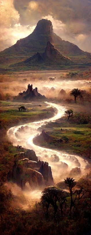 african savannah mountain landscape beast impossible epic fantasy --ar 5:12 --q 2 --s 10000