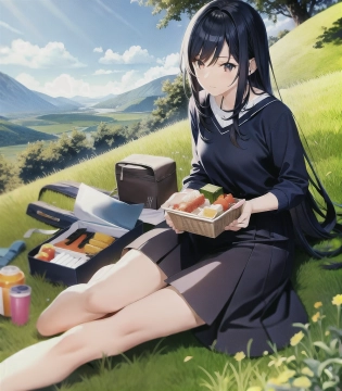 perfect anime illustration, 1girl, woman, hot girl, picnic, grass, hill, clear skies