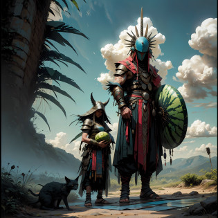 brings to life a 3 ft watermelon warrior, adorned in armor made entirely of watermelons, complete with a watermelon shield. The warrior is depicted in a playful and energetic pose, holding a cute kitten in their arms. The background is a surreal and fantastical landscape, with rolling hills covered in rows of watermelon plants, stretching out as far as the eye can see. The sky is a vibrant blue, with fluffy white clouds and a bright sun shining down on the scene. The watermelon warrior is the centerpiece of the artwork, with their armor and shield gleaming in the sun. The overall tone is one of whimsy and joy, evoking a sense of childlike wonder and imagination.