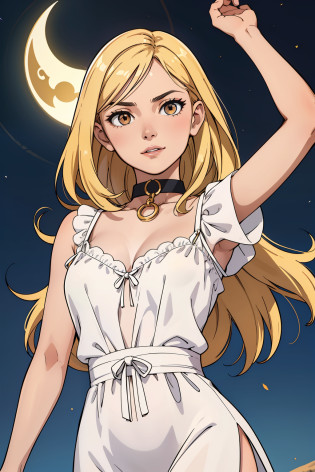 Mujer, pelo rubio, mujer rubia, ojos amarillos, amber eyes, ojos claros, pelo claro, pelo lacio, labios rojos, vestido blanco, Semi-transparent nightgown, pecho grande, cuerpo medio, fondo simple, collar dorado, maquillaje natural, mirada arrogante, sonrisa arrogante, mujer adulta, pecho grande
