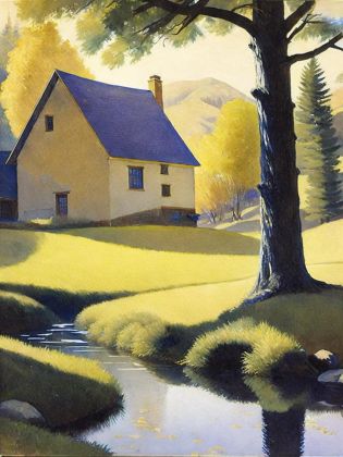 <lora:N.C.Wyeth:1>a painting of a house with a tree in the foreground and a stream in the foreground by N.C. Wyeth