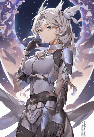 hof, 1girl, kiana kaslana, solo, smallunderboob, middlebreast, eBlue eyes, mitts, whaite hair, cleavage, jewely, pony tails, ?Nipple Ring, Bare shoulders, Keep one's mouth shut, By bangs, themoon?(Moon Night)?moonlit background, (starrysky)?Misty?(??), hair adornments, Hair between the eyes?Torn Cape?armour?antenna hair?thigh boots?White stockings?black glove?boots?White shoes,???looking at viewert