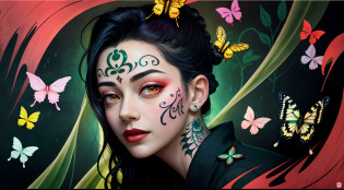 (Masterpiece: 1.2, high quality), (pixels: 1.4), (Song dynasty strokes: 1.4) (wide-angle lens, panorama: 1.2), (panoramic lens: 0.95), (panoramic lens, macro lens: 1.25), dynamic angle, perspective, high point, masterpiece, best quality, 8k, crazy detail, intricate details, super detail, super high quality, early spring willow leaves, often with rain and hatred clouds, extremely beautiful vampire, sideways, face like peach blossom March, implied amorous moon.  The slender waist is curled, the restrained swallow lazy warbler is lazy, the sandalwood mouth is light, and the butterfly chaos that tempts the bees crazy.  Enchanting jade words, beautiful jade fragrance, tense shots (the sky glows red, visual impact, giving the poster a dynamic and visually striking appearance: 1.2), close-up, (analog lens, macro lens: 1.25), colorful colored transparent smooth stones: 1.5, ultra-realistic and complex, body makeover, glowing tattoos, surreal tattoos, highly realistic and complex, tattoo art, detailed neon tattoos