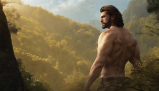 Lucas Bracey, Man hunting fierce lion in the middle of the forest , 8K, photo RAW, (highly detailedskin: 1.2), (The kinky is exposed: 1.1), (Bare back: 1.5), , (Viewed from top to bottom:1.5), ((::Jae Lee and Joe Madureira style ::2.0 comix illustration style,tatoon style ,, (Beautiful and light background:1.2),, fantastic paintings , ::jason fabok   and yoji shinkawa  style ::2.0 comix illustration style,tatoon style , Comic book style , (Beautiful and light background:1.2),, fantastic paintings ,in graffiti style; Master parts, best qualityer, high high quality, Extremely detailed CG unit 8K wallpaper, scenecy, Award-winning photography, hdr, extremely detaile, trending on artstationh, Trends in CG society, ??, High detail, art by midjourney  style::Kenneth Rocafort style ::2.9 (Master parts:1.2, best qualityer), (??????: 1.2),