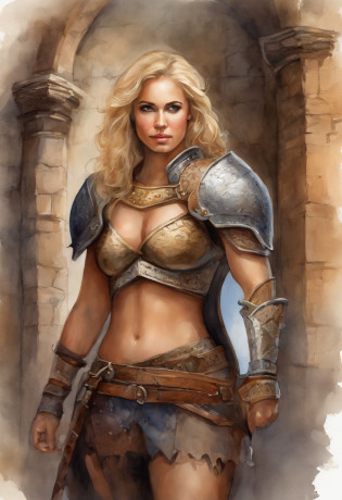 Apenas a [1 woman] , sex, blonde hair, giant chest, (chiselled abdomen), (dark skin), ( armor), inside a castle