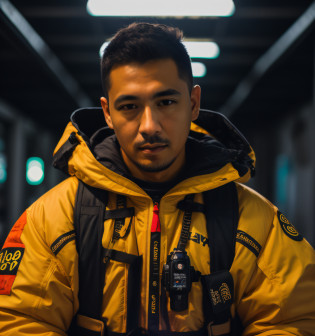 Homem japones de jaqueta amarela e jaqueta preta sentada, Retrato tirado 8 K, Retrato no meio da foto, Tiro em Sony A 7 III, Tiro na Canon EOS R5, Tiro na Canon EOS R 5, Anton Fadeev 8 K, Tiro na Nikon Z9, inspirado em Liam Wong, Tirado com Canon 5D MK4, foto de retrato