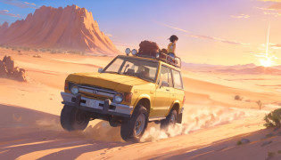 desert?Driving an off-road vehicle?Land of nothingness?A lifeless desert land?with ruins?gold
