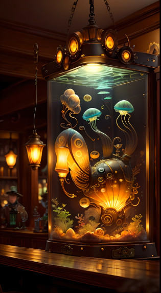 steampunkai?A small aquarium on the bar counter?Jellyfish aquarium?Fantastic lighting?