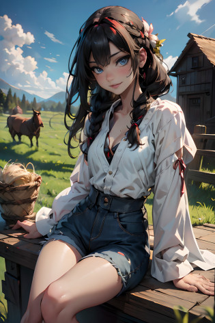 ?????,cute girl sitting on a bale of hay, long hair, blonde hair, red patchy plaid shirt, cleavage, small breasts, standing, against hay bale, blue jean shorts, cowboy boots, smiling, blue eyes, hay bale, standing, farm scenery, day time, realistic:1.2, outdoors, red plaid shirt, (skin, realistic:1.2), braided hair, black hair,, (hyper realism:1.3), parted lips