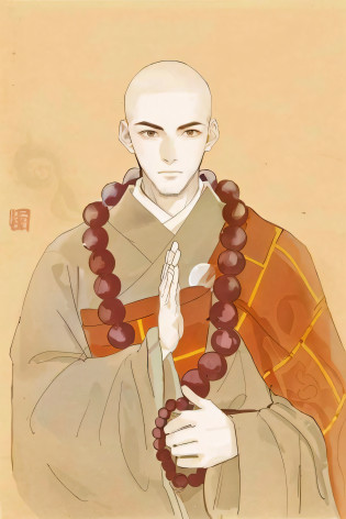 The image of Aalfid of a man with a rosary around his neck, inspired by Zhao Mengfu, concept art of a monk, ancient japanese monk, avatar aang, Taoist, inspired by Kaigetsud? Anchi, inspired by T?sh?sai Sharaku, aang, Daoism, 2 1 st century monk?photograph taken in 2 0 2 0, 4096?Copper-colored face?Copper-colored facial skin?Copper-colored facial fullness, peaceful expression?Clear lines?High- sharpness,Realphotos?8K quality?hyper HD
