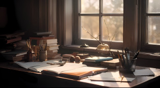 there is a desk with a book, pen and a lamp on it, wooden desks with books, warmly lit posh study, with backdrop of natural light, elegant study, soft light from the window, afternoon lighting, afternoon light, golden hour sunlight, afternoon sunlight, photorealistic cinematic render, atmospheric beautiful details, studying in a brightly lit room, cinematic morning light