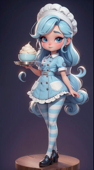 Create a series of chibi-style dolls with a cute pastry chef theme, each with lots of detail and in an 8K resolution. All dolls should follow the same solid background pattern and be complete in the image, mostrando o (corpo inteiro, incluindo as pernas: 1.5)

Boneca Mini Chef: Chame-a de Sophie. Ela deve ter cabelo curto e liso em tom de rosa ou azul pastel. Seus olhos devem ser grandes e expressivos, with long eyelashes and rosy cheeks. Sophie deve estar vestida com uma jaqueta de chef, striped pants and an ornate chef's hat. She should hold a wooden spoon in one hand and a bowl of cookie dough in the other. Certifique-se de adicionar detalhes nas roupas, such as buttons and pockets, sapato bonito

Certifique-se de adicionar sombras, texturas e detalhes nos cabelos, roupas, confectionery utensils and sweets from each doll, to make them even more adorable and charming.