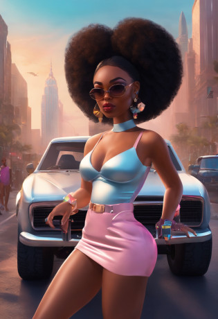 (Masterpiece - Detailed - Best Quality)

The image depicts a gorgeous thick-framed African American woman with wide hips and a full bust posing confidently in front of a sleek futuristic SUV. She is rendered in a fusion of kawaii and barbiecore styles, while the background shows an expansive cyberpunk cityscape.

The black woman has an exaggerated cute face with oversized expressive eyes, rosy cheeks, and a small mouth. Her curly hair is colored in pastel hues with whimsical hair clips. She wears a baby pink cropped bustier and matching mini skirt in classic barbiecore fashion. Kawaii elements like sparkles and rainbows decorate her outfit.

Behind her, the angular futuristic all-white SUV provides a clean contrast to the bright colors. In the distance, glowing skyscrapers with holographic billboards and airborne vehicles fill the vivid cityscape.

The woman's lively pose and the playful blending of old and new aesthetics create an uplifting, imaginative vision showcasing black beauty and confidence. The details intermingle delightfully for a mind blowing cyber-fantasy.

(Masterpiece - Detailed - Best Quality)
