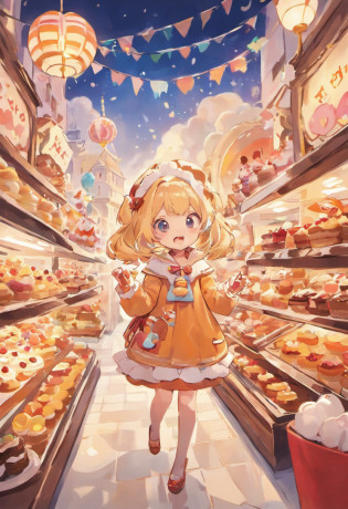 (A cute, Cartoon dessert characters?Has minimal human characteristics): Sweet and lively face, Round and shiny eyes, Cute little mouth, Soft and soft body, Extremely colorful?Vibrant appearance, adorable expression, The limbs are small and stout, Joy resonates with joy, Naughty and mischievous personality, A little clumsy?But full of charm, A touch of magic and wonder, Surrounded by desserts and sugary treats, A whimsical dessert wonderland, Fill with sweets, chocolate bar, and pastries, Sugar-coated fantasy world, Land where calories don't count, A delicious adventure in dessert paradise, Bright colors and a joyous atmosphere, Sweet aroma, With marshmallow clouds and lollipop trees as background, Cheerful and seductive presence, Dessert companion?Put a smile on everyone's face. (Best quality, High-res), A delightful blend of sweetness and cuteness, A masterpiece of confectionery art, Eye and heart care, Fascinating and coveted work, Light up the dessert companion for any day.