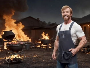 A passionate professional studio point-of-view of a brawny, young, actor Chuck Norris, smiling, (wearing a barbecue apron with soot stains), standing against the backdrop of a completely burning barbecue with high-tech barbecue grill, houses in the background, ruined asphalt, Nikon, award-winning, breathtaking, groundbreaking, superior, noteworthy, LensCulture Portrait Awards, expertly photoshopped, dramatic moonlighting, 8k, hi res �testp �ar 3:4 �upbeat