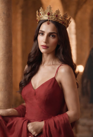 create an extremely sacred scene, scene of sacred union of Mary Magdalene and Jesus Christ, positioned facing each other. Mary Magdalene with olive skin tone, in a long, red dress with a bouquet of red roses in her hand, containing an elegant golden crown on her head. Jesus with dark skin tone, being receptive and with a serene look in front of him. master piece, best quality, extremely detailed, Cinematic Lightning, intricate details, high, Official Art, extremely detailed high resolution illustration, 8k, depth of field, realism, couple, holy union of Jesus and Mary Magdalene, Mary Magdalene with black hair and ruby ??eyes, long black hair, deep ruby ??eyes, beautiful sacred landscape, Sacred and golden temple scenery, full body, one looking at each other, full body