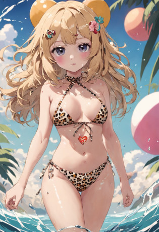 1girl wearing __color__, {houndstoot| leopard| water ripples| tiger| Geometric| Dot| Flower| heart| Stripe} pattern micro bikini (on the beach), solo, cute, teen, big breasts, (full body),
standing, contrapposto, blonde bob cut hair,
absurd-resolution, best quality, absurd detailed,