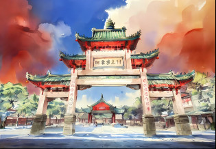 There is a gate in the middle of the street?There is a clock on it, guangjian, chinese temple, Ancient Chinese architecture, Beautiful image, Chinese architecture, nanquan, Tang Dynasty Palace, baotou china, hou china, Chinese village, dreamland of chinese, Taoist temples and monks, Chinese style buildings, Chinese tradition, With a Chinese temple, changquan