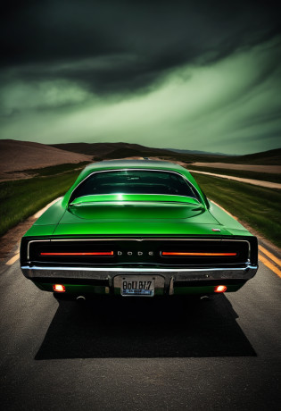 Dodge Charger 68, car dark intense green color, headlights on,  fotografia,  road, race, dark backgraund