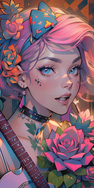 Background, In chic boho style, in club, Ice cream print, multi-colored neon lights, neon garlands, rose hair, mixed-language_SMS, Japanese, (beautiful and clear background:1.2),, fantastic paintings ,graffit style, high detailed eyes , underwear, lace, latex, Pink, Purple, mint, Blue, Yellow, belve, lavender hair, Skull Print, body piercings, Loving, Love, ultra detail hair, Masterpiece, Best Quality, hiquality, hight resolution, detail enhancement, ((most beautiful image in the world)), Masterpiece, Best Quality, hiquality, hight resolution, detail enhancement, ((most beautiful image ), Shiny pink degrade hair, Ultra Short Fitted Stampa, art by stjepan sejic, art by j scott campbell, Artist Guillem March, art by citemer liu, 4k, hight resolution, comic book character, comic, high quality detailed,   style of ::2.0 comix illustration style,tatoon style, hiquality, hight resolution, detail enhancement, 8K, HD, Best Quality, hiquality, hight resolution, detail enhancement, 8K, HDR, sharp-focus, Ultra Detailed, perfect  lighting, Curvy Body, Lush breasts, Curvy hips, skull print on clothes, rock, rock star, Cool,black leather jacket with skull print, style of, spikes, Punk Rock, Wolf, Cat's ears, Cool bracelets, Choker, calavera, gotik, Short shorts, fishnet pantyhose,  (((plays the guitar))) plays the electric guitar, Plays, electric guitar, musician, guitarist, neon strings, virtuoso, Heart Print, Heart, glares, Multi-colored highlights, disco, cacti,  Succulents,