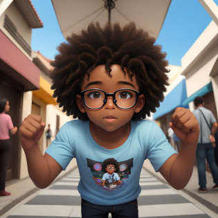 Um menino de 5 anos encontrando um mapa com uma capa colorida na rua. He has brown skin and curly hair style Black Powerestilondisney He wears blue frame glasses.