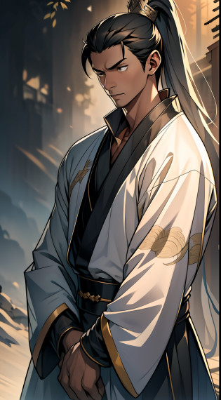 quadratic element?style of anime?mtu?Male Warrior??The proportions are correct?Face details?swordsmen?High ponytail hairstyle?Neck details?There is an Adam's apple?Black Hanfu?kaftan?Embroidered robes?Black robe?clothes details?Handing over?longer sleeves?Game quality?Swordsmanship?Light and shadow tracking?Ray traching?detailed�glow?cg render?hair detail?long  white hair?Black eyes?Handsome?Handsome??juvenile sense??Clothing is complicated?Perfectcomposition?Refinement?high qulity?higher details?Lots of details?The background is complex?a sense of atmosphere?