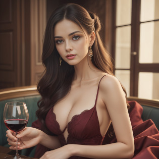 A  elegance and grace Woman Holding Glass of Wine, a slender and graceful figure,  Her hair could be styled in a classic updo,  a  deep and soulful gaze eyes, a flowing gown in rich, deep colors like burgundy or crimson, reminiscent of the hues of red wine, Her overall presence would exude refinement and poise, capturing the essence of the wine-drinking experience,  Beautiful Woman Extremely Beautiful woman, Medium Breast nikon d850 film stock photograph 4 kodak portra 400 camera f1.6 lens rich colors hyper realistic lifelike texture dramatic lighting unreal engine trending on artstation cinestill 800,8k,cinematic,cinematic shot, Medium shot