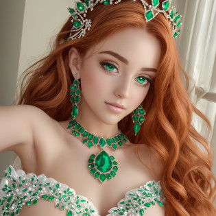 1 beautiful woman ((upper body selfie, happy)), best quality, masterpiece, high resolution, ultra-detailed, red hair and long curls, in her complexion so beautiful, 1 forehead tiara with a large and dazzling emerald stone, right in the center of the forehead, as if it were the third eye. Matching her gorgeous green eyes, emerald necklace, emerald earrings and emerald bracelet, nail painted green and on her finger a precious emerald ring. Elegantly dressed in a fascinating white dress, creating a beautiful contrast, a lot of sensuality. A true queen. --auto --s2