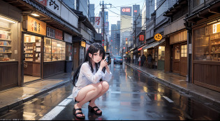 There is a girl wearing a long white translucent shirt with her hands on her knees posing for a photo, Sexy girl, Asian girl, No underwear, No pants?A high resolution?tmasterpiece?best quailty?Intricate details?highly detaile?Clear focus?Detailed skins?realistic skin textures?Texture?Detailed eyes?Professionalism?4K?Depth of field? perspective?Kodak Visual Color? extremely detaile? realistic ism? Post-processing? Maximum detail? Roughness? Ultra photo realsisim? Photo realism?8K  UHD? Cinematography?filmgrain?, character is in her natural pose, Young intaglio idol posing, distorted pose,there is a stone clock tower on the side of a street, a picture inspired by K?no Michisei, unsplash, shin hanga, japanese downtown, tokyo street cityscape, cyberpunk streets in japan, Japan City Background, tokyo akihabara street cityscape, photograph of the city street, cyberpunk gunma prefecture, tokyo prefecture, tokyo street background, street japan, tokyo japan