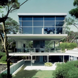 hyper realistic eye level exterior photo of a mid century modern style house overlooking the ocean, daylight, indirect lighting, AD magazine, Frank Lloyd, Eames, Mies van der Rohe