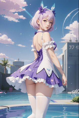 anime girl in a purple dress standing in front of a pool, loli in dress, cute anime waifu in a nice dress, splash art anime loli, cushart krenz key art feminine, azur lane style, from the azur lane videogame, small curvy loli, lolish, loli, guweiz, macross delta splash art