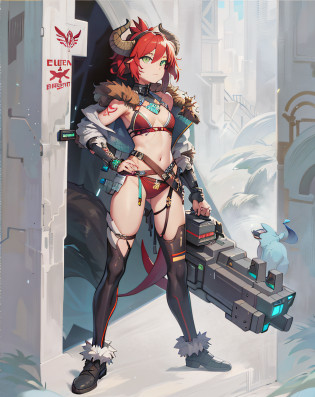 neat face, cyberpunk, armor in the style of Horizon Zero Dawn, Red-haired girl, neat green eyes, pigtails, a wreath of fiery horns on her head, barbarian, a huge techno cannon in her hands, a huntress, bones on the body, insect plates, chitin, fur, small bones, light bones and red fur on the shoulders, dark leather stockings made of strips of cut skin on the legs, ropes and light bones on the body,  thin panties, a small bra made of bones, bright red hair, jewelry made of horns, a fur gun. Instead of underpants, rope, bones and chitin, fur shoulder pads and with chitin, a tail of hair on the back of the head, a short haircut, a bionic cannon in the form of the mouth of a wolf, shark, dragon look up. The girl has green eyes, a playful look, a good-natured smile, a neat nose, tight panties, tight thongs, mini-underwear, leaky underwear, torn fabrics, a lot of torn fabrics, a lot of holes in fabrics, a cannon with a monster's head, a cannon barrel in the form of a monster, a flame bursts out of her mouth, a portal in a cannon. The girl has short hair, a ponytail at the back is short and looks up, fur shoulder pads, a jacket on the shoulders, a torn bra, the pubis is open, diagonal straps all over the body, powerful energy escapes from the open toothy mouth of a cannon, a bird's skull on a girl's belly, tattoos, vertebrae on the edges of stockings, cyberpunk, ethnic style of clothing, vintage clothes, worn, prehistoric style, prehistoric jacket, elbow pads made of insects,  chitinous cannon, bionic cannon, torn jacket sleeves, chitinous plates on the jacket, flame flashes, cyberpunk, the whole cyberpunk style, a lot of technology, technologies of the future, futurism, science fiction, fantasy, wildness, sexuality, emphasized eroticism, cold lighting, flames from everywhere, a lot of fire, bones on the shoulders, small details on the shoulders, a skull on the belt, the girl has curly hair, tattoos on her face, maximum nudity, diagonals, caveman,  prehistoric image,