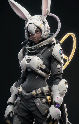 nijilorabunny best quality, a nijibot with bunny - ears, wearing scifi armor, katana, cobalt bob cut, warm grin, a huge diamond necklace, big beautiful cobalt ODD eyes, on the streets of a cyberlunk desert city, very detailed <lora:nijilorabunny:0.8>