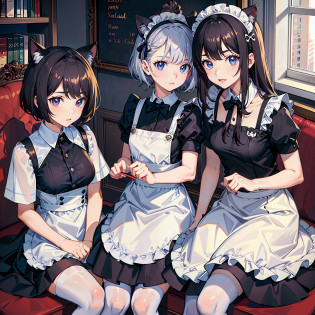 ?Best quality)??Detailed), (2 girls)?A girl wearing a JK uniform?Another girl wears a maid outfit?Girls in maid outfits have cat tails?Girls in maid outfits have cat ears on the top of their heads?The girl in the maid outfit has short hair?The girl in the JK uniform has long chest-length hair?Girl in JK uniform pressed on top of girl in maid outfit?white thighhighs?Medium breasts