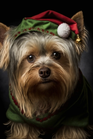 Insanely detailed studio portrait shot photo of intricately detailed beautiful yorkshire terrier dressed as santa clause, smirking mischievously at the camera with mischievous detailed yellow green eyes , very detailed, rim light, photo, rim light, ultra-realistic, photorealistic, hyper detailed, photography, shot on Canon DSLR, f/2. 8 , photography by Felix Kunze and Annie Leibovitz and retouched by Pratik Naik --ar 2:3 --v 4 --q 2