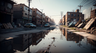 ?Industrial punk?Steam style?Wasteland?post apocalyptic world?forests?Construction sites?Cyber punk character?physical based rendering?puddles of water?engineering?beste-Qualit?It is very detailed;?engineering?Telephone poles?Cities?HDR?Downward view?photorealistic beautiful
