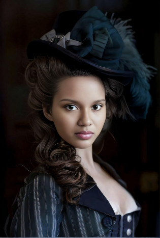 There is a woman with a hat and a dress in, linda senhora, mulher linda, sedutora mulher mesmer, Bela Stella Maeve Magician, Uma bela mulher vitoriana, retrato bonito de uma mulher, beautiful portrait, with hat, Uma bela jovem mulher, gorgeous stella maeve magician, retrato impressionante, lindo retrato, in tricorn hat, linda mulher bonita