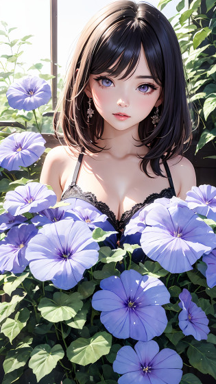 (watercolor paiting:1.2),1girl in, ??, florals, Morning glory, portraitures, bangss, Layer Bob, Morning glory is blooming a lot, Purple eyes, hair between eye, Do not wear hair ornaments?alluring face?A beautiful goddess-like woman that everyone is fascinated by?Beautiful eyes that shine