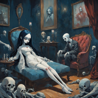 Doll. In the style of Adrian Ghenie, Esao Andrews, Jenny Saville, Edward Hopper, surrealism, Dark Art par James Jean, Takato Yamamoto, Minimalisme inkpunk. Dans le style Tim Burton. Dans le style Addams Family. Dans le style Corpse Bride.