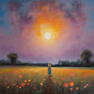 Create a vast landscape photograph capturing a view from below, with the sky stretched out above and the wilderness below. Au centre de l'image, une petite fille se tient debout au milieu d'un champ de fleurs, Looking to the sky. The full moon shines brightly with a brightness of 1.2, gently lighting up the scene. A shooting star, rated at 0.9 in brightness, traverse le ciel, leaving a bright trail behind her. A diffuse nebula, with a brightness of 1.3, adds a touch of mystery to the bottom of the sky.

On the horizon looms a majestic mountain, blending into the gradient tones of purple and orange that mark the twilight. L'art de la production de brise d'arbre anime doucement les feuilles, creating a serene atmosphere. A source of warm light, rated at 1.2 in intensity, lights up the stage, Accentuating details.

Des lucioles virevoltent autour de la petite fille, emitting a soft and soothing glow. A lamp placed at his feet casts a subdued glow, adding to the magical atmosphere. Every intricate detail of the scene is rendered with precision in 4K resolution, offering exceptional quality and ultra-detailed. Une configuration dynamique de 1.4 intensifie l'impression de profondeur et de mouvement.

The details of nature are particularly vivid and colorful, with an iridescent effect noted at 1.2 in burst. Sparkling lighting accentuates textures, while the ambient lighting envelops everything in a dreamlike aura. The whole exudes a magical and dreamy atmosphere, capturant un instant suspendu dans le temps. This work, A true masterpiece rated at 1.2 for its exceptional quality, invites to wonder and contemplation.

All this takes place in a solitary setting, where the little girl and nature seem to merge in harmony. Sous le pseudonyme de LunarLagoon, This striking image transports viewers into a universe where the real and the imaginary come together.