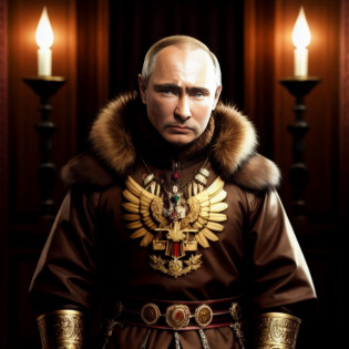 (((president Putin))) a viking holding up a steel glossy sword, Putin wearing pattered winter coat with golden stitching, golden two headed eagle necklace, HDR, super realistic, hyper realistic, hyper detailed, highly detailed, 4k, 8k, DSLR, photo, photo realistic, full body, centered
