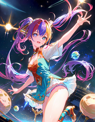 Anime CG, Hi-Res, Absurdity, 8k, Masterpiece, ((((Detailed Eyes and Detailed Face: 1.2), Dynamic Angle, (((Detailed Eyes and Detailed Face: 1.2)))))), (((Perfect Human Hand, Super Detailed Human Five Fingers)))), ((Perfect Human Foot)), Upper Body, 1 or 2 Girls, Smile, Wolf Ears, Wolf Tail, Pink Eyes, Hairs Between Eyes, ((((Wink)))), D cup, cleavage, striped hair, (((((Colorful hair color: 1))))), (((Random hair color: 1)))), Variegated hairstyle: 1, twin tails, ultra-detailed gradient hair, ((T-shirt with kagenari letters)))), professional designer, fashion leader, ruffled dress, love live, jewelry, best stage, climax, professional stage, ( (Perfect singer holding the microphone with left hand and singing emotionally, perfect singer, screaming, overflowing emotions, best smile))), singer, vocalist: 1, idol, diva, ((galaxy, space, earth, planet, battle, explosion, ivory gold ai space spaceship))), professional stage, professional lighting, live lighting, gaze averting, fan service: 1, ((background, Sing on the stage of the AI spaceship: 1.2)))), (((Sing on the stage of the AI spaceship: 1.2, space, earth, planet, battle, blast, explosion, ivory gold AI space spaceship, stars))), ((((Panchira, cute panties))))