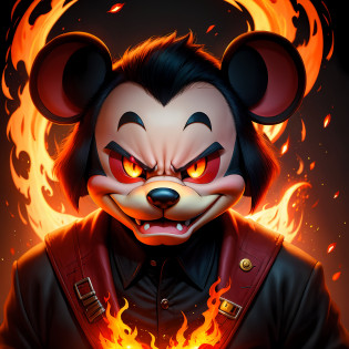 mickey mouse?Mickey looks like a demon, Angry, devil, Red eyes, Portrait, fire background